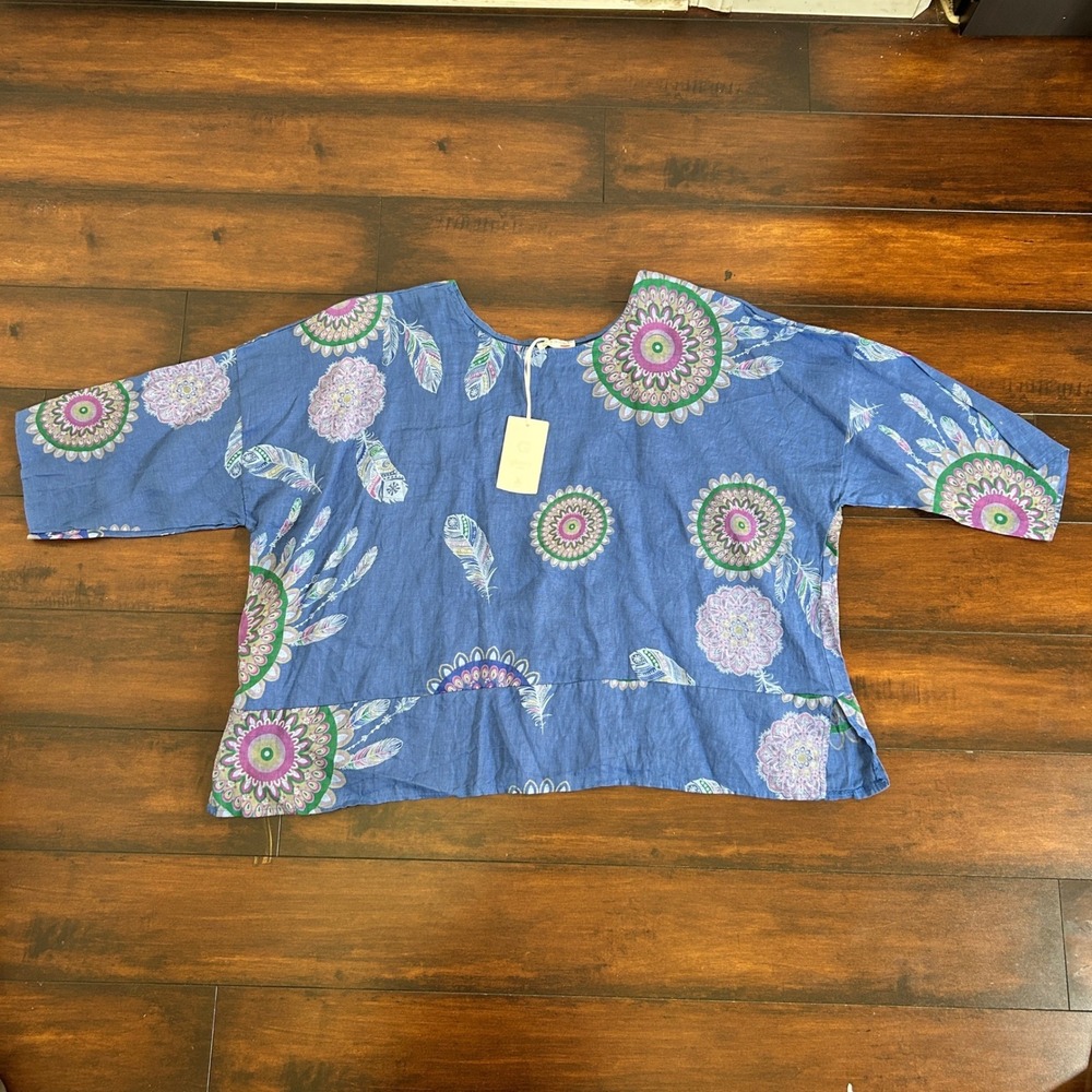 Made in Italy Linen Top Women OS Blue Mandala Feather NWT Boho Lagenlook Boxy